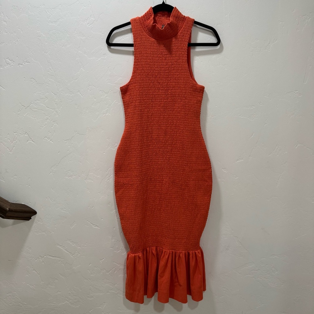 NWT Anthropologie Sleeveless Mock-Neck Textured Midi Dress Orange Red Women's M - Picture 5 of 16